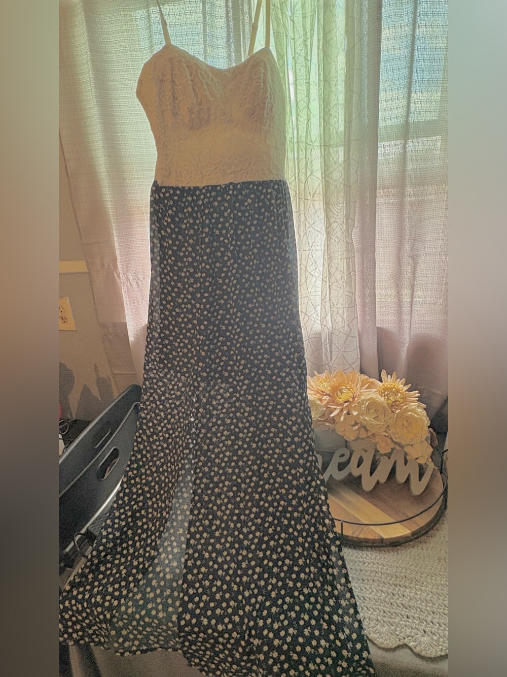 Candie's Cream Lace Bodice Black Floral Maxi Dress